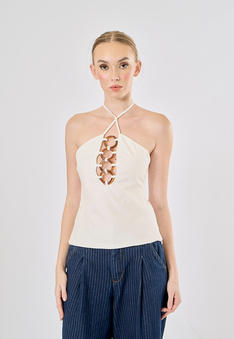 Idris White Tortoise Shell Effect Trim Halter Neck Camisole Top