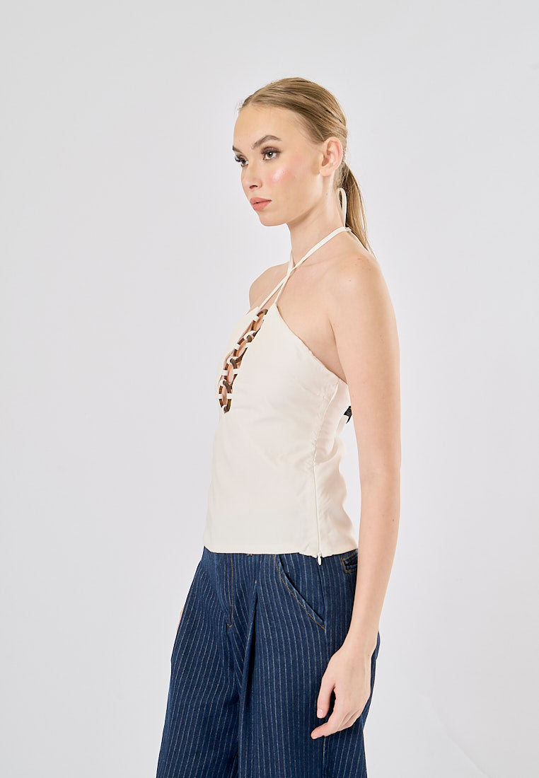 Idris White Tortoise Shell Effect Trim Halter Neck Camisole Top