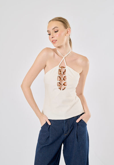 Idris White Tortoise Shell Effect Trim Halter Neck Camisole Top