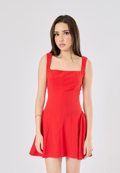 Catriona Ruby Red Square Collar A Line Mini Dress