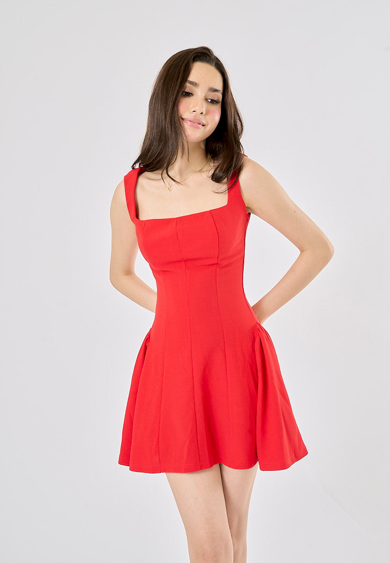 Catriona Ruby Red Square Collar A Line Mini Dress