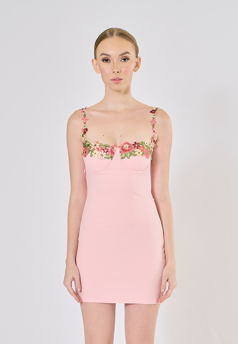 Zelia Rosie Pink Floral Embroided Sleeveless Mini Dress