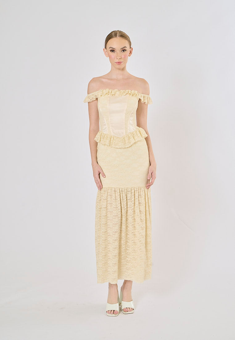 Ambretta Parmesean Yellow Floral Lace Corset Drop Shoulder Maxi Dress