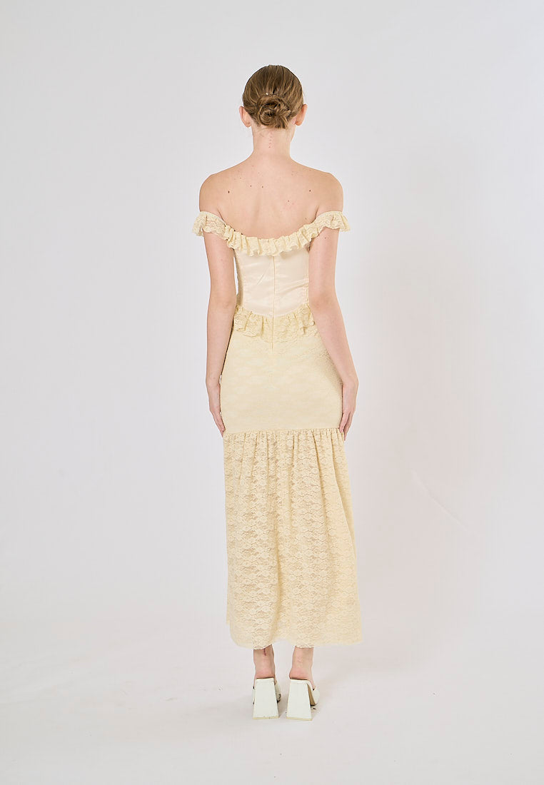 Ambretta Parmesean Yellow Floral Lace Corset Drop Shoulder Maxi Dress