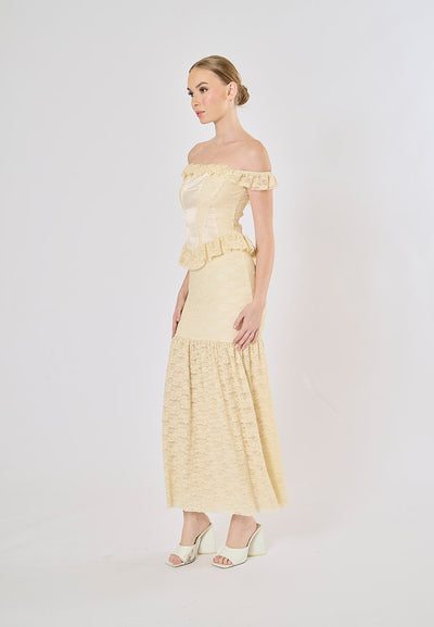 Ambretta Parmesean Yellow Floral Lace Corset Drop Shoulder Maxi Dress