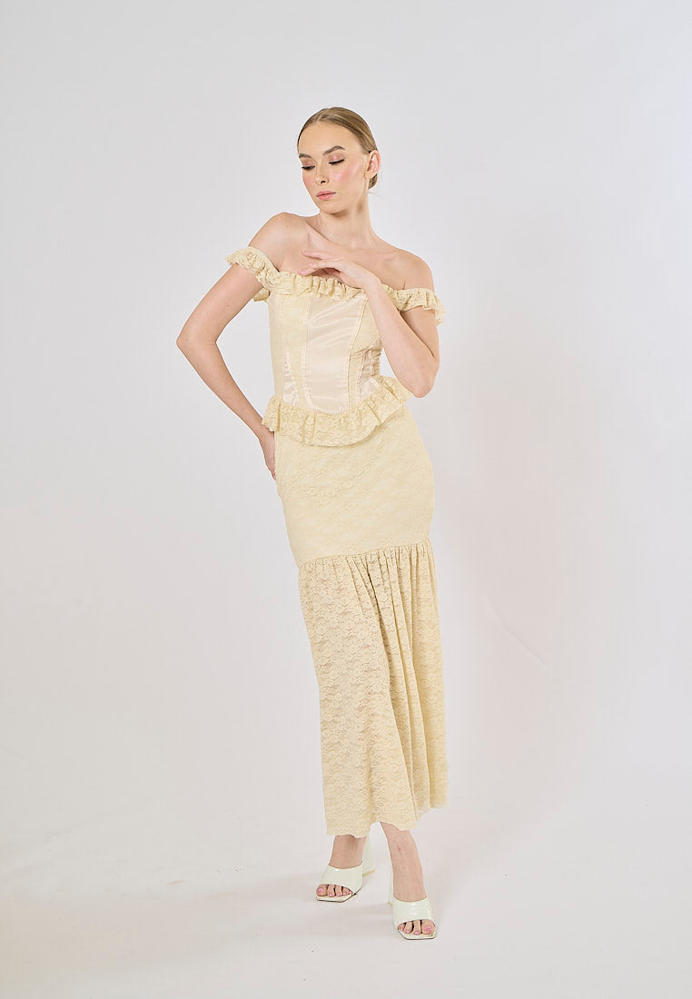 Ambretta Parmesean Yellow Floral Lace Corset Drop Shoulder Maxi Dress