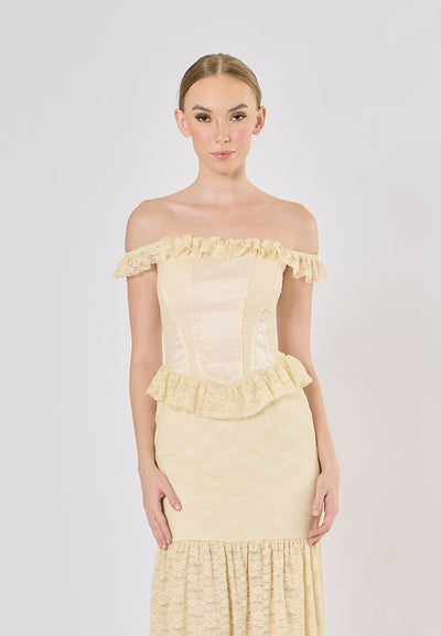 Ambretta Parmesean Yellow Floral Lace Corset Drop Shoulder Maxi Dress