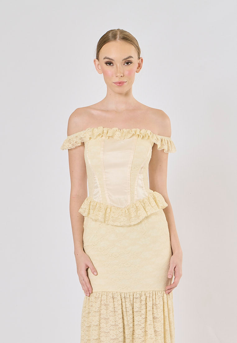 Ambretta Parmesean Yellow Floral Lace Corset Drop Shoulder Maxi Dress