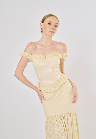 Ambretta Parmesean Yellow Floral Lace Corset Drop Shoulder Maxi Dress