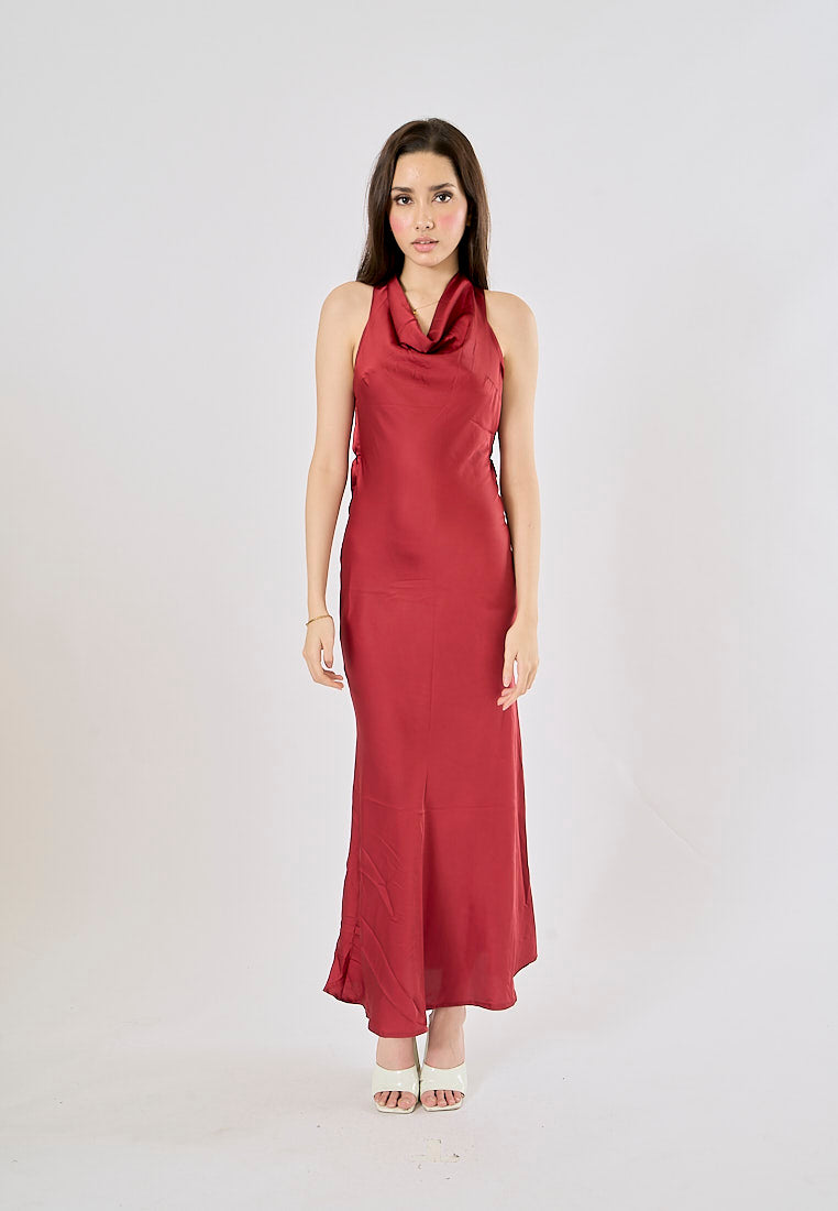 Cheliviss Burgandy Red Cowl Neck Back Hollow Out Maxi Dress