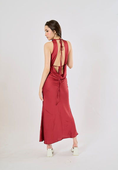 Cheliviss Burgandy Red Cowl Neck Back Hollow Out Maxi Dress