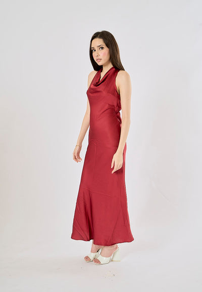 Cheliviss Burgandy Red Cowl Neck Back Hollow Out Maxi Dress