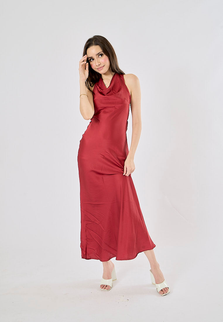 Cheliviss Burgandy Red Cowl Neck Back Hollow Out Maxi Dress