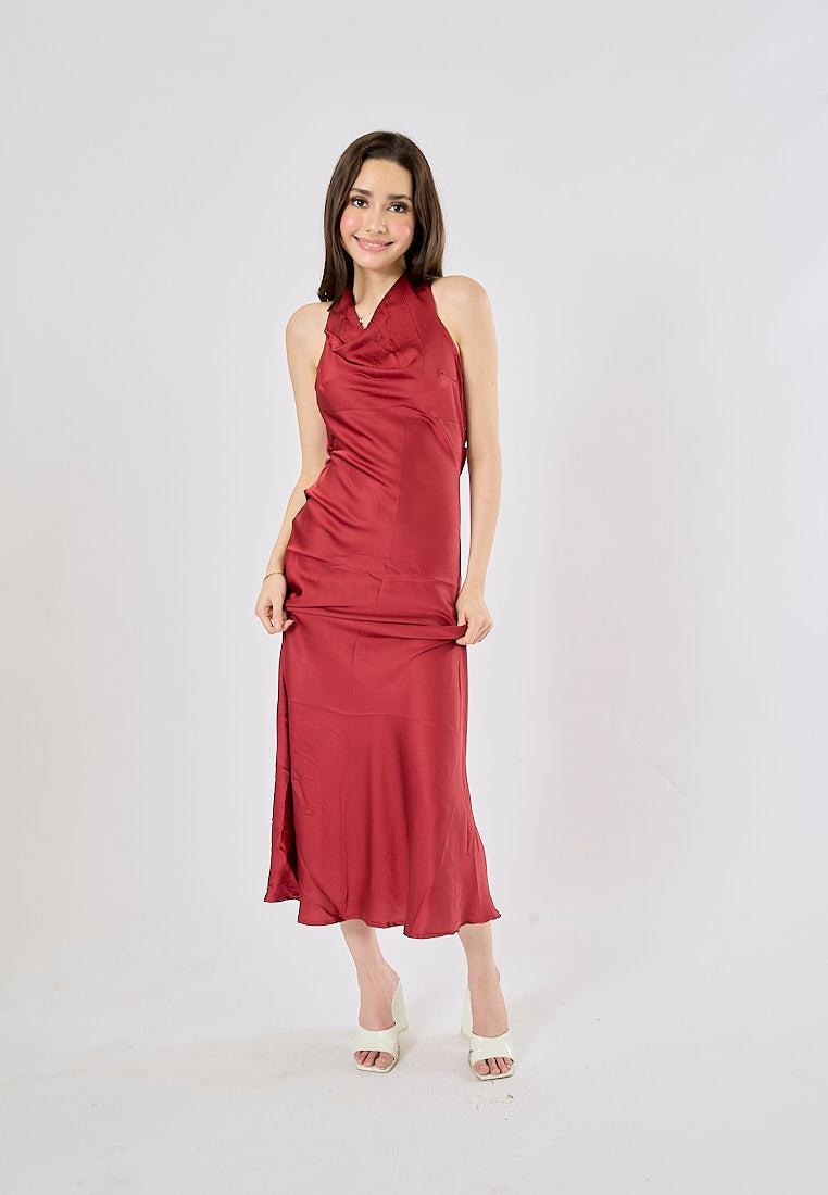 Cheliviss Burgandy Red Cowl Neck Back Hollow Out Maxi Dress