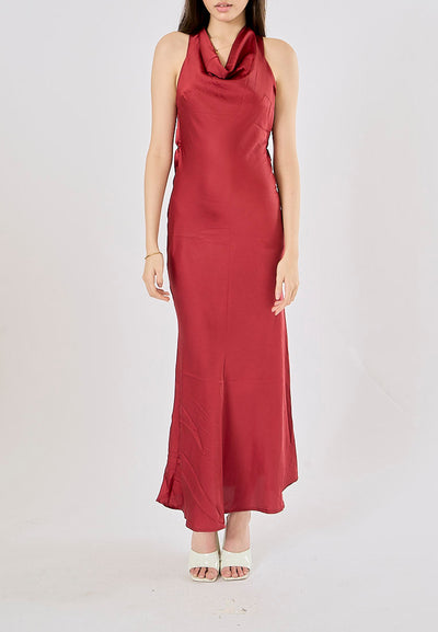 Cheliviss Burgandy Red Cowl Neck Back Hollow Out Maxi Dress