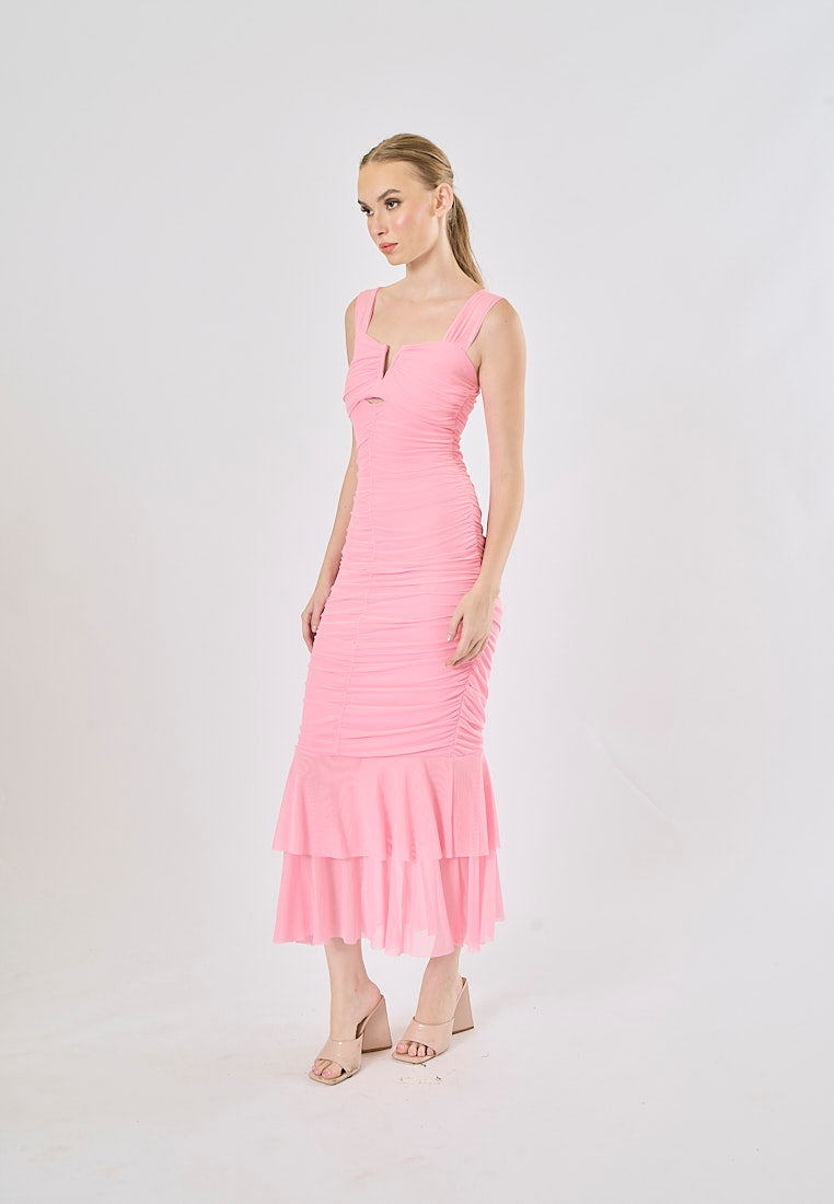 Everydane Carnation Pink Double Layer Mesh Memaid Maxi Dress