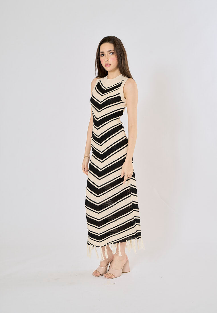 Laurent French Stripes Tassel Knitted Maxi Dress