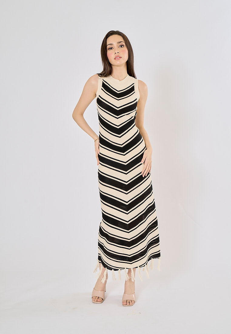 Laurent French Stripes Tassel Knitted Maxi Dress