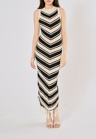 Laurent French Stripes Tassel Knitted Maxi Dress