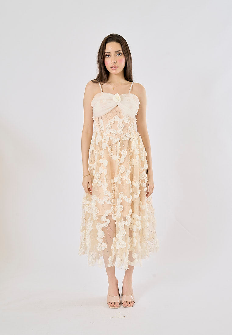 Shangrila Buffed Beige Floral-Appliqué Embellished Midi Dress