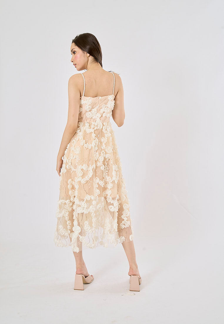 Shangrila Buffed Beige Floral-Appliqué Embellished Midi Dress