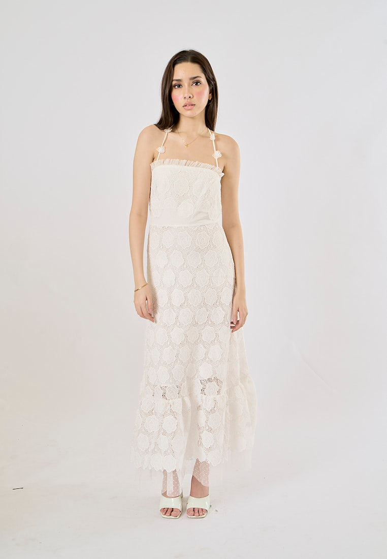 Greece White Lace Faux-Floral Halterneck Midi Dress