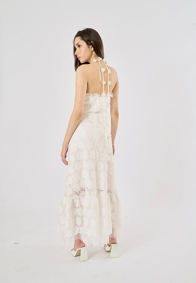 Greece White Lace Faux-Floral Halterneck Midi Dress