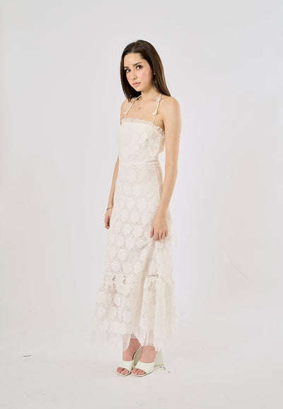 Greece White Lace Faux-Floral Halterneck Midi Dress