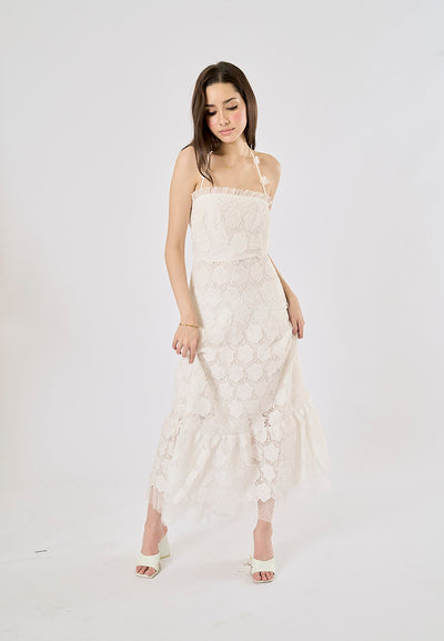 Greece White Lace Faux-Floral Halterneck Midi Dress