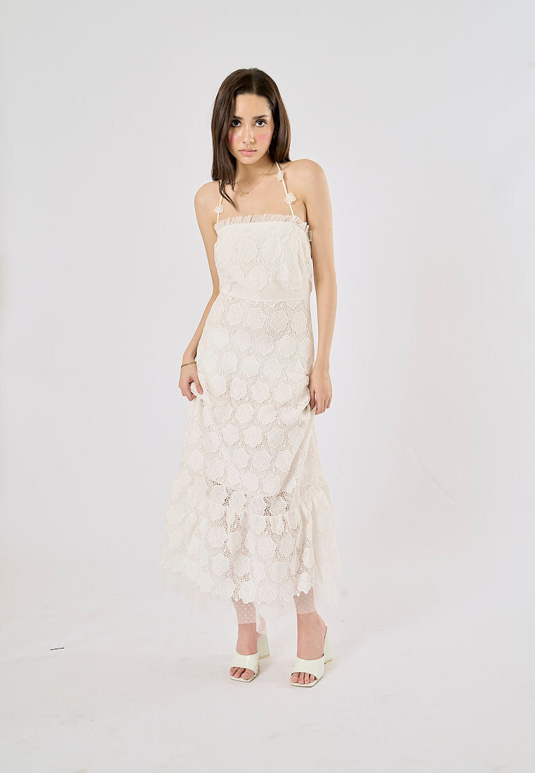 Greece White Lace Faux-Floral Halterneck Midi Dress