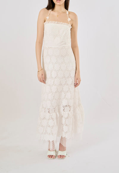 Greece White Lace Faux-Floral Halterneck Midi Dress