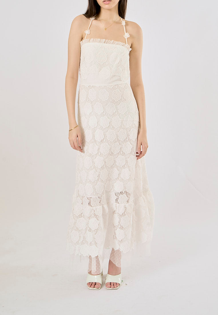 Greece White Lace Faux-Floral Halterneck Midi Dress