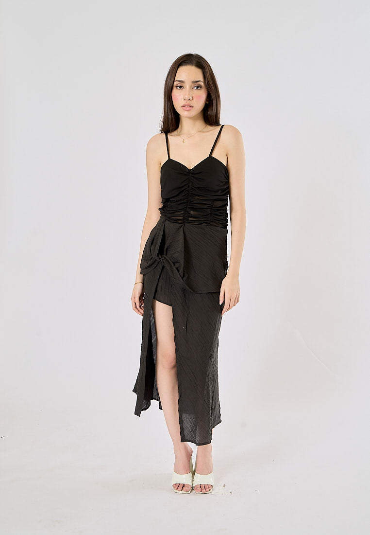 Guinevere Black Sheer Asymmetric Midi Dress