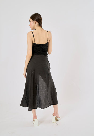 Guinevere Black Sheer Asymmetric Midi Dress