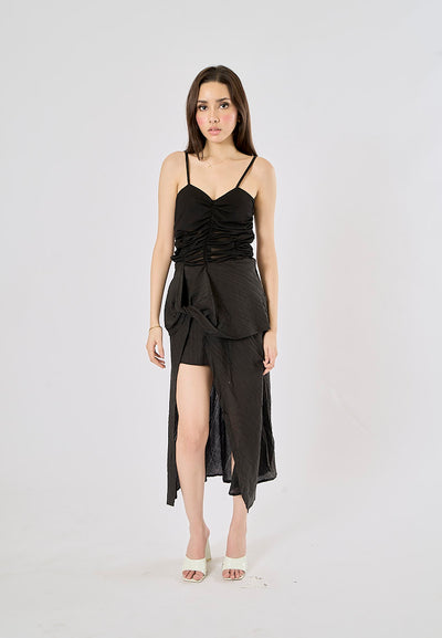 Guinevere Black Sheer Asymmetric Midi Dress