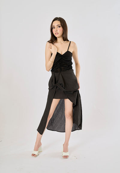 Guinevere Black Sheer Asymmetric Midi Dress