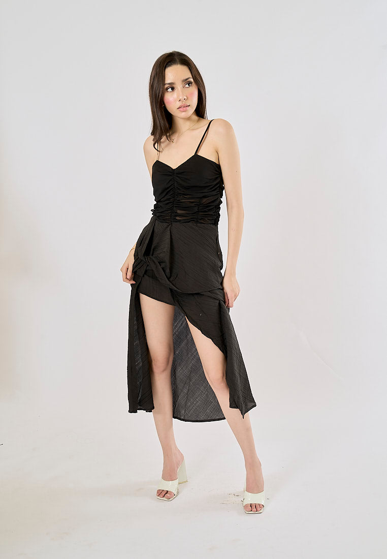 Guinevere Black Sheer Asymmetric Midi Dress