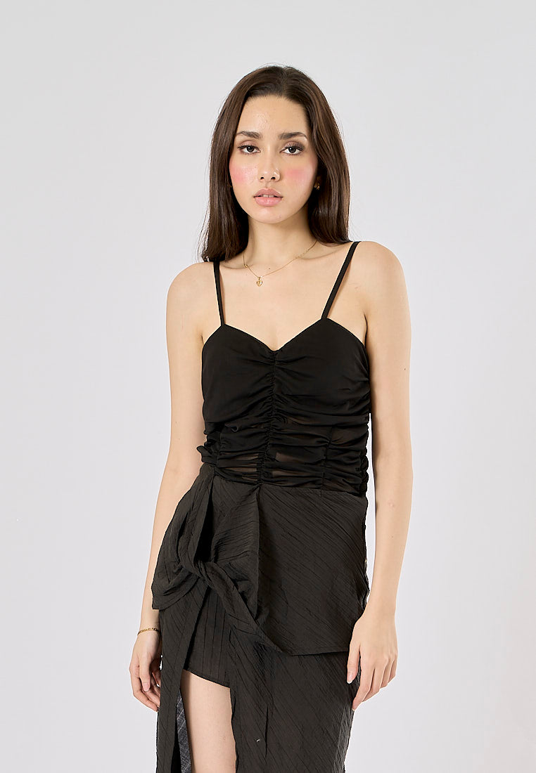 Guinevere Black Sheer Asymmetric Midi Dress