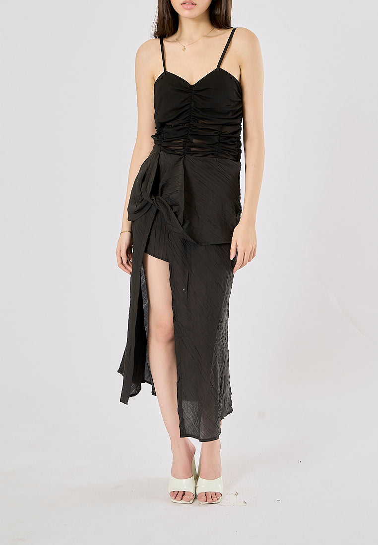 Guinevere Black Sheer Asymmetric Midi Dress