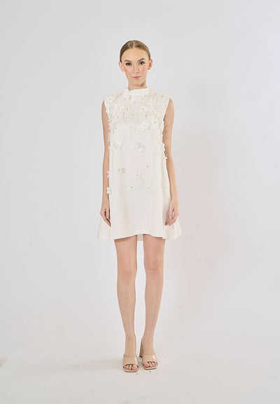 Portugal White Crew Neck Faux-Flower Mini Dress