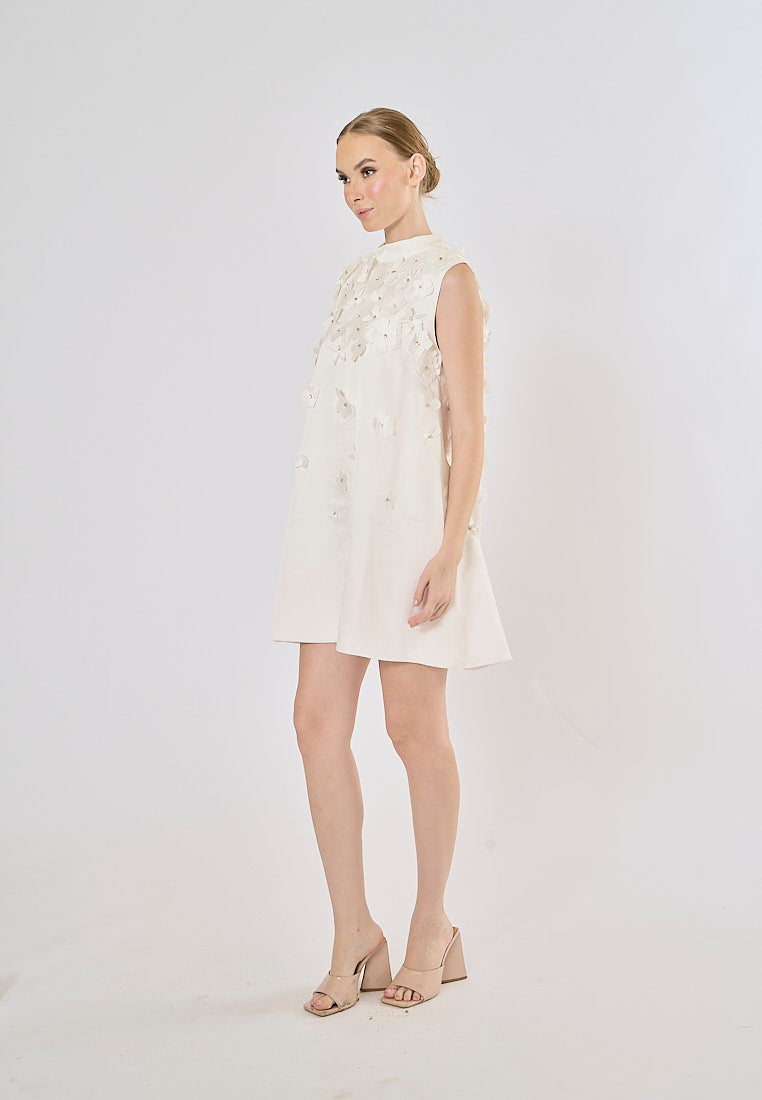 Portugal White Crew Neck Faux-Flower Mini Dress