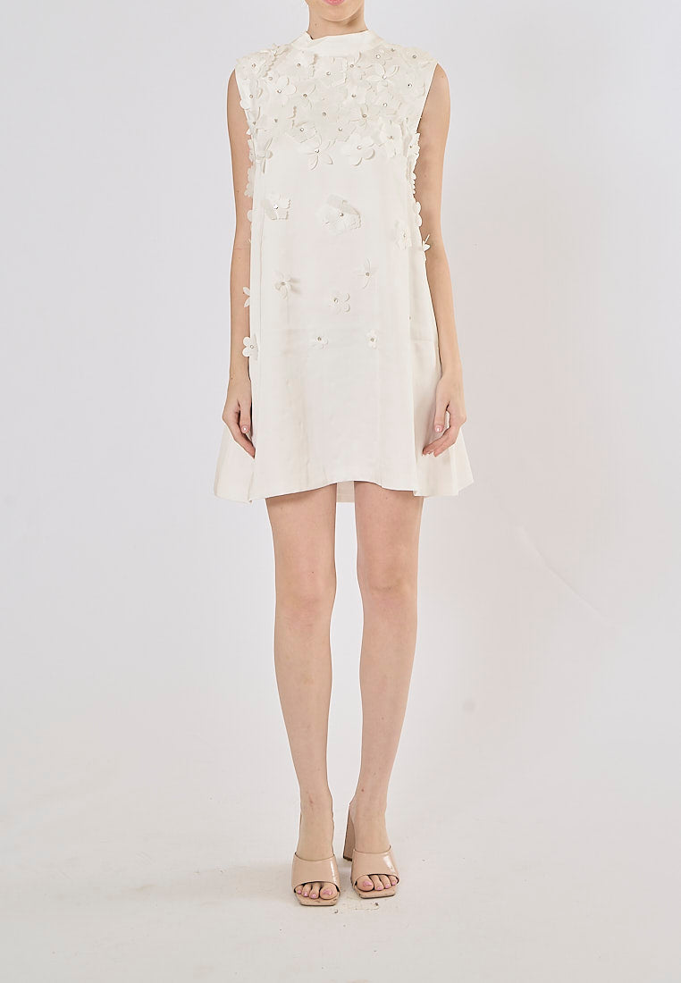 Portugal White Crew Neck Faux-Flower Mini Dress