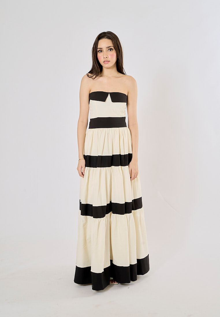 Sandrine White Contrast Pleated Bow-embellished Maxi Dress