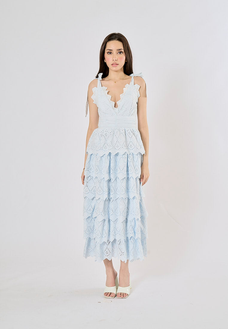 Malcom Arctic Blue Layered Lace-trim Cut-out Midi Dress