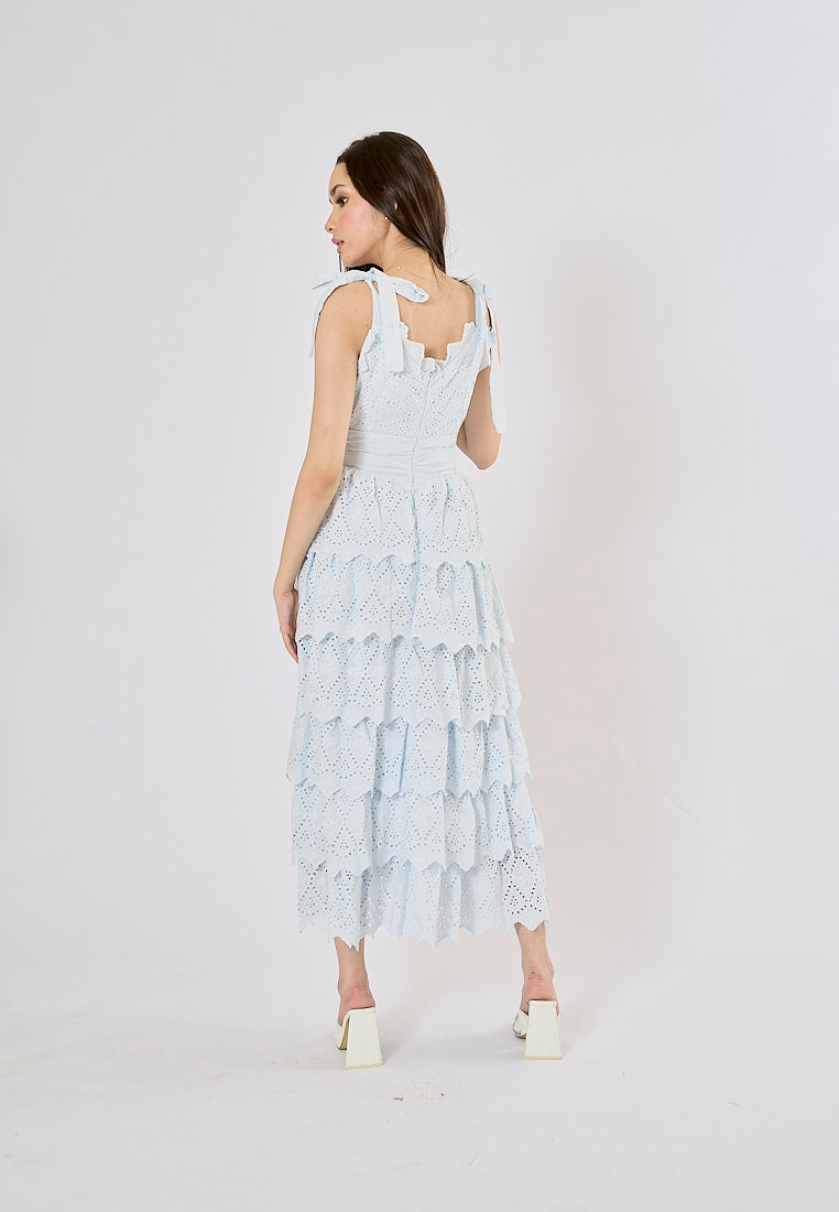 Malcom Arctic Blue Layered Lace-trim Cut-out Midi Dress