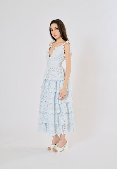 Malcom Arctic Blue Layered Lace-trim Cut-out Midi Dress