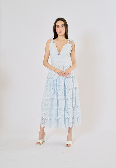 Malcom Arctic Blue Layered Lace-trim Cut-out Midi Dress