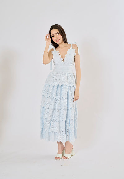 Malcom Arctic Blue Layered Lace-trim Cut-out Midi Dress