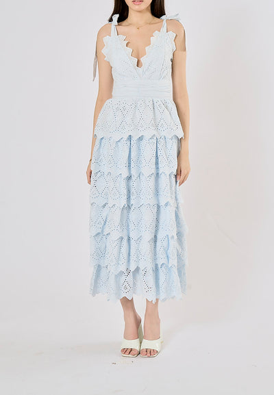 Malcom Arctic Blue Layered Lace-trim Cut-out Midi Dress