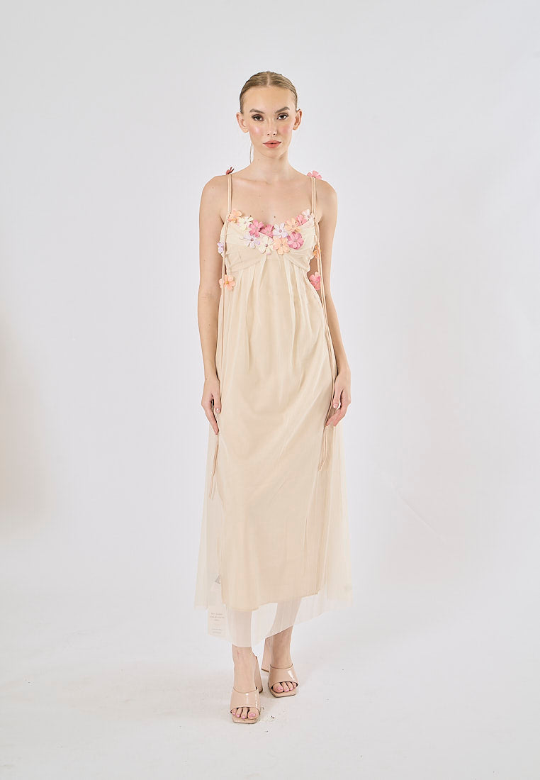 Somerset Nude Pink Floral-Appliqué Strap  Midi Dress